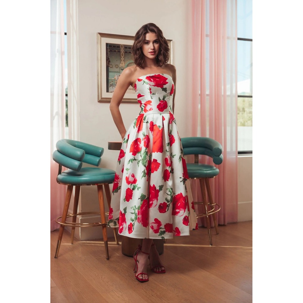 Mac Duggal White Strapless Floral Mikado Midi Dress $498 - Size 14‎ - Picture 2 of 12